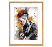 Artery8 Wall Art Print Edgy Young Punk Woman with Mohawk & Electric Guitar Modern Watercolour Painting Artwork Framed 9X7 Inch | Size: W7" x H9" Artery8 Beige W7" x H9"