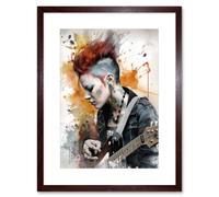 Artery8 Wall Art Print Edgy Young Punk Woman with Mohawk & Electric Guitar Modern Watercolour Painting Artwork Framed 9X7 Inch | Size: W7" x H9" Artery8 Brown W7" x H9"