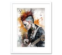Artery8 Wall Art Print Edgy Young Punk Woman with Mohawk & Electric Guitar Modern Watercolour Painting Artwork Framed 9X7 Inch | Size: W7" x H9" Artery8 White W7" x H9"
