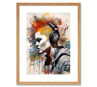 Artery8 Wall Art Print Edgy Young Punk Woman with Red Mohawk & Headphones Listening to Music Modern Watercolour Painting Artwork Framed 9X7 Inch Artery8 Beige W7" x H9"