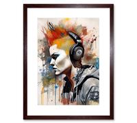 Artery8 Wall Art Print Edgy Young Punk Woman with Red Mohawk & Headphones Listening to Music Modern Watercolour Painting Artwork Framed 9X7 Inch Artery8 Brown W7" x H9"