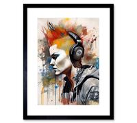 Artery8 Wall Art Print Edgy Young Punk Woman with Red Mohawk & Headphones Listening to Music Modern Watercolour Painting Artwork Framed 9X7 Inch Artery8 Black W7" x H9"