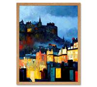 Artery8 Wall Art Print Edinburgh Castle From Grassmarket Cityscape Modern Art Framed in Light Oak | Size: W12" x H16" Artery8 Light Oak W12" x H16"