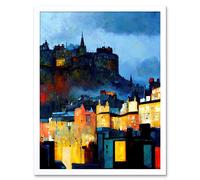 Artery8 Wall Art Print Edinburgh Castle From Grassmarket Cityscape Modern Art Framed in White | Size: W12" x H16" Artery8 White W12" x H16"