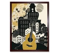 Artery8 Wall Art Print Edinburgh Cityscape Fringe Festival Guitar Linocut Art Framed in Brown | Size: W12" x H16" Artery8 Brown W12" x H16"