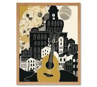 Artery8 Wall Art Print Edinburgh Cityscape Fringe Festival Guitar Linocut Art Framed in Light Oak | Size: W12" x H16" Artery8 Light Oak W12" x H16"