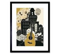 Artery8 Wall Art Print Edinburgh Cityscape Fringe Festival Guitar Linocut Artwork Framed 9X7 Inch in Black | Size: W7" x H9" Artery8 Black W7" x H9"
