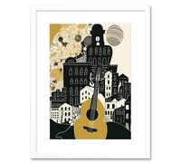 Artery8 Wall Art Print Edinburgh Cityscape Fringe Festival Guitar Linocut Artwork Framed 9X7 Inch in White | Size: W7" x H9" Artery8 White W7" x H9"