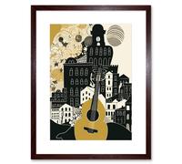 Artery8 Wall Art Print Edinburgh Cityscape Fringe Festival Guitar Linocut Artwork Framed 9X7 Inch in Brown | Size: W7" x H9" Artery8 Brown W7" x H9"