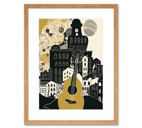Artery8 Wall Art Print Edinburgh Cityscape Fringe Festival Guitar Linocut Artwork Framed 9X7 Inch in Beige | Size: W7" x H9" Artery8 Beige W7" x H9"