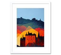 Artery8 Wall Art Print Edinburgh in Autumn Scotland Scottish Modern Folk Art Multi Coloured Cityscape Artwork Framed 9X7 Inch | Size: W7" x H9" Artery8 White W7" x H9"