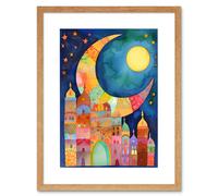 Artery8 Wall Art Print Eid Crescent Moon Cityscape Folk Art Watercolour Painting Artwork Framed 9X7 Inch in Beige | Size: W7" x H9" Artery8 Beige W7" x H9"