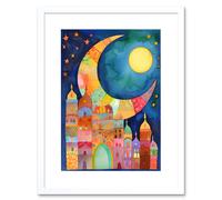 Artery8 Wall Art Print Eid Crescent Moon Cityscape Folk Art Watercolour Painting Artwork Framed 9X7 Inch in White | Size: W7" x H9" Artery8 White W7" x H9"