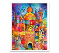 Artery8 Wall Art Print Eid Dates Mosque Temple Folk Art Watercolour Painting Art Framed in White | Size: W12" x H16" Artery8 White W12" x H16"