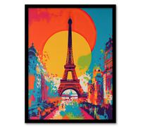 Artery8 Wall Art Print Eiffel Tower Sunset Vibrant Painting Pedestrians Walking To Monument Busy Paris Street Large Sun Art Framed | Size: W12" x H16" Artery8 Multicolor W12" x H16"