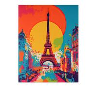 Artery8 Eiffel Tower Sunset Vibrant Painting Pedestrians Walking To Monument Busy Paris Street Large Sun Large Wall Art Poster Print Thick Paper 18X24 Inch