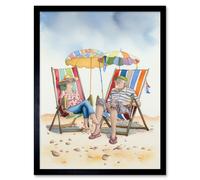 Artery8 Framed Wall Art Elderly Couple Enjoying A Summer Beach Day Watercolour - 12X16 Inch