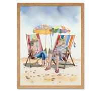 Artery8 Wall Art Print Elderly Couple Enjoying A Summer Beach Day Watercolour Art Framed in Light Oak | Size: W12" x H16" Artery8 Light Oak W12" x H16"