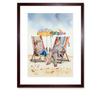 Artery8 Wall Art Print Elderly Couple Enjoying A Summer Beach Day Watercolour Artwork Framed 9X7 Inch in Brown | Size: W7" x H9" Artery8 Brown W7" x H9"