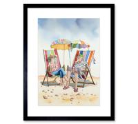 Artery8 Wall Art Print Elderly Couple Enjoying A Summer Beach Day Watercolour Artwork Framed 9X7 Inch in Black | Size: W7" x H9" Artery8 Black W7" x H9"