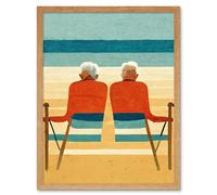 Artery8 Wall Art Print Elderly Couple Retired On The Beach Seaside Art Framed in Light Oak | Size: W12" x H16" Artery8 Light Oak W12" x H16"