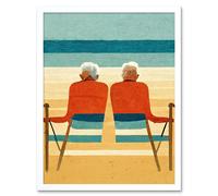 Artery8 Wall Art Print Elderly Couple Retired On The Beach Seaside Art Framed in White | Size: W12" x H16" Artery8 White W12" x H16"