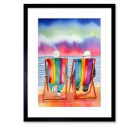 Artery8 Wall Art Print Elderly Couple Sitting At The Beach Looking At The Sunset Sky Watercolour Artwork Framed 9X7 Inch