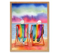 Artery8 Wall Art Print Elderly Couple Sitting At The Beach Looking At The Sunset Sky Watercolour Art Framed in Light Oak | Size: W12" x H16" Artery8 Light Oak W12" x H16"