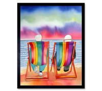 Artery8 Framed Wall Art Elderly Couple Sitting At The Beach Looking At The Sunset Sky Watercolour - 12X16 Inch