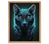 Artery8 Wall Art Print Electric Blue Luminescent Wolf Spirit Animal Guide Art Framed in Light Oak | Size: W12" x H16" Artery8 Light Oak W12" x H16"