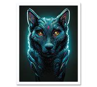 Artery8 Wall Art Print Electric Blue Luminescent Wolf Spirit Animal Guide Art Framed in White | Size: W12" x H16" Artery8 White W12" x H16"