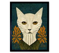 Artery8 Framed Wall Art Elegant Cat William Morris Style Teal Mustard - 12X16 Inch