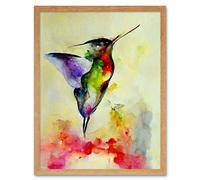 Artery8 Wall Art Print Elegant Hummingbird Abstract Watercolour Art Framed in Light Oak | Size: W12" x H16" Artery8 Light Oak W12" x H16"