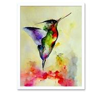 Artery8 Wall Art Print Elegant Hummingbird Abstract Watercolour Art Framed in White | Size: W12" x H16" Artery8 White W12" x H16"