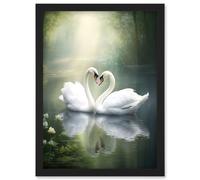 Wall Art Print Elegant Love Heart Swans Photo Misty Morning River Scene Love Romance Artwork Framed A4 Artery8 Black A4
