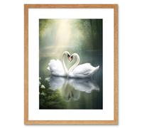 Artery8 Wall Art Print Elegant Love Heart Swans Photo Misty Morning River Scene Love Romance Artwork Framed 9X7 Inch in Beige | Size: W7" x H9" Artery8 Beige W7" x H9"