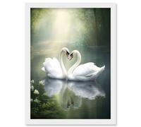 Wall Art Print Elegant Love Heart Swans Photo Misty Morning River Scene Love Romance Artwork Framed A4 Artery8 White A4