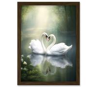 Wall Art Print Elegant Love Heart Swans Photo Misty Morning River Scene Love Romance Artwork Framed A4 Artery8 Brown A4