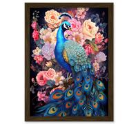 Artery8 Wall Art Print Elegant Peacock Bird with Rose Flower Blooms Vibrant Floral Blue Pink Orange Artwork Framed A4 in Brown Artery8 Brown A4