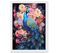 Artery8 Wall Art Print Elegant Peacock Bird with Rose Flower Blooms Vibrant Floral Blue Pink Orange Artwork Framed A4 in White Artery8 White A4