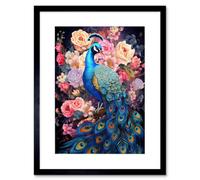 Artery8 Wall Art Print Elegant Peacock Bird With Rose Flower Blooms Vibrant Floral Blue Pink Orange Artwork Framed 9X7 Inch