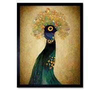 Artery8 Wall Art Print Elegant Peacock Portrait In Emerald & Gold Gustav Klimt Art Framed in Black | Size: W12" x H16" Artery8 Black W12" x H16"