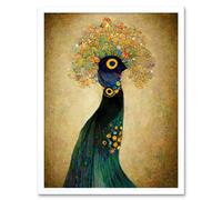 Artery8 Wall Art Print Elegant Peacock Portrait In Emerald & Gold Gustav Klimt Art Framed in White | Size: W12" x H16" Artery8 White W12" x H16"