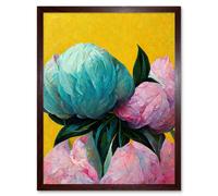 Artery8 Wall Art Print Elegant Peony Floral Bouquet Yellow Teal Pink Flowers Painting Art Framed in Brown | Size: W12" x H16" Artery8 Brown W12" x H16"