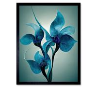 Artery8 Wall Art Print Elegant Teal Blue Orchid Flowers Painting Art Framed in Black | Size: W12" x H16" Artery8 Black W12" x H16"