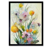 Artery8 Wall Art Print Elegant Watercolour Pink & Yellow Spring Flower Bouquet Art Framed in Black | Size: W12" x H16" Artery8 Black W12" x H16"
