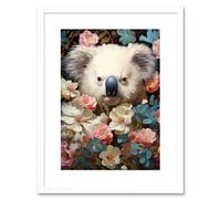 Artery8 Wall Art Print Elegant White Koala Bear Nestled Blue & Pink Blooming Flowers Floral Oil Painting Artwork Framed 9X7 Inch | Size: W7" x H9" Artery8 White W7" x H9"