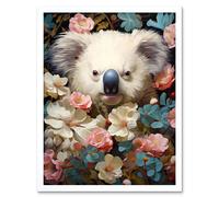 Artery8 Wall Art Print Elegant White Koala Bear Nestled in White Blue & Pink Blooming Flowers Floral Oil Painting Art Framed | Size: W12" x H16" Artery8 White W12" x H16"