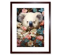 Artery8 Wall Art Print Elegant White Koala Bear Nestled in White Blue & Pink Blooming Flowers Floral Oil Painting Artwork Framed 9X7 Inch Artery8 Brown W7" x H9"