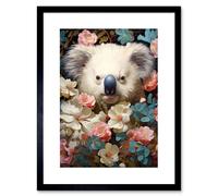Artery8 Wall Art Print Elegant White Koala Bear Nestled in White Blue & Pink Blooming Flowers Floral Oil Painting Artwork Framed 9X7 Inch Artery8 Black W7" x H9"